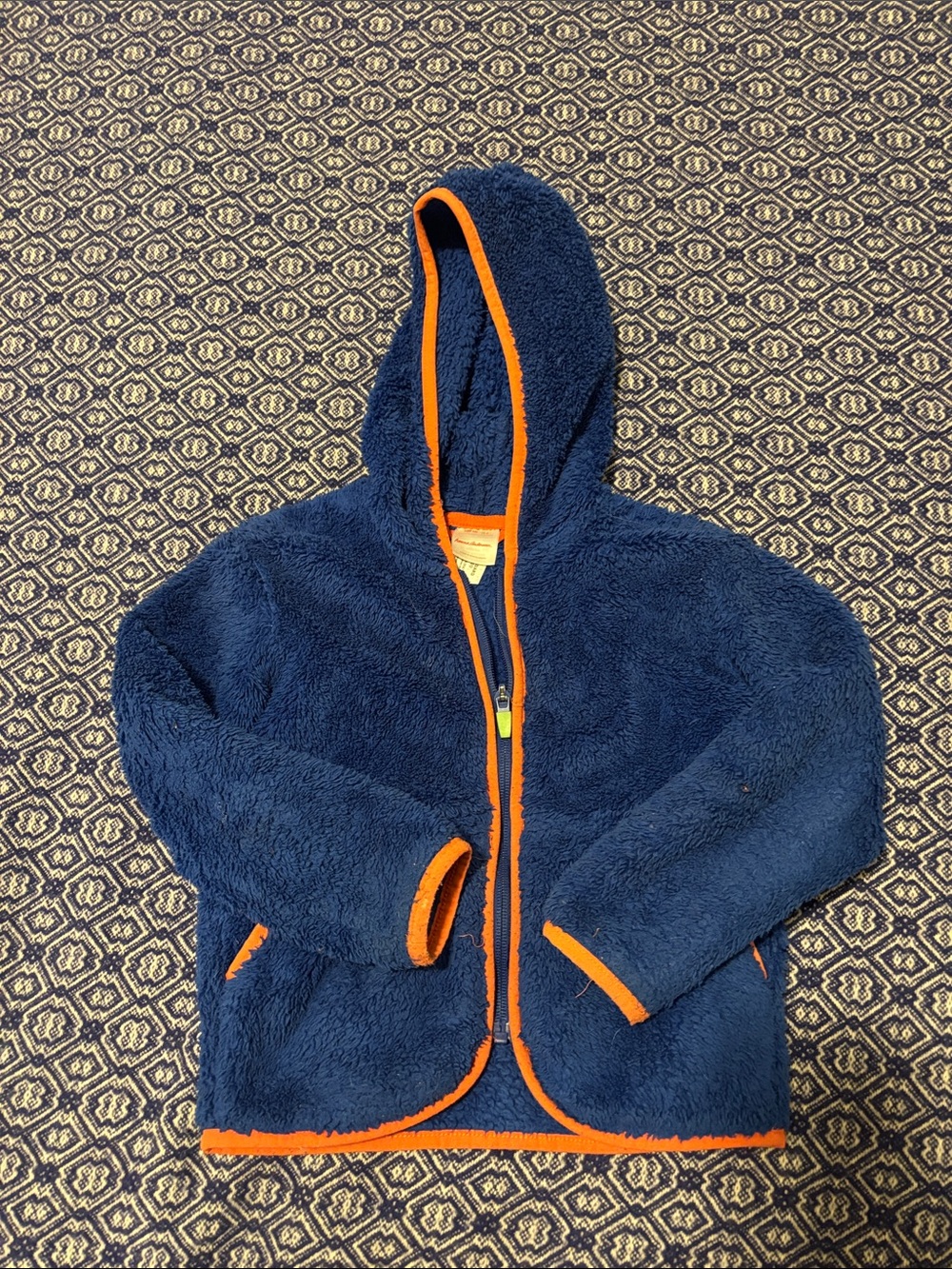 Hanna Andersson Navy Fuzzy Hooded Jacket with Orange Trim